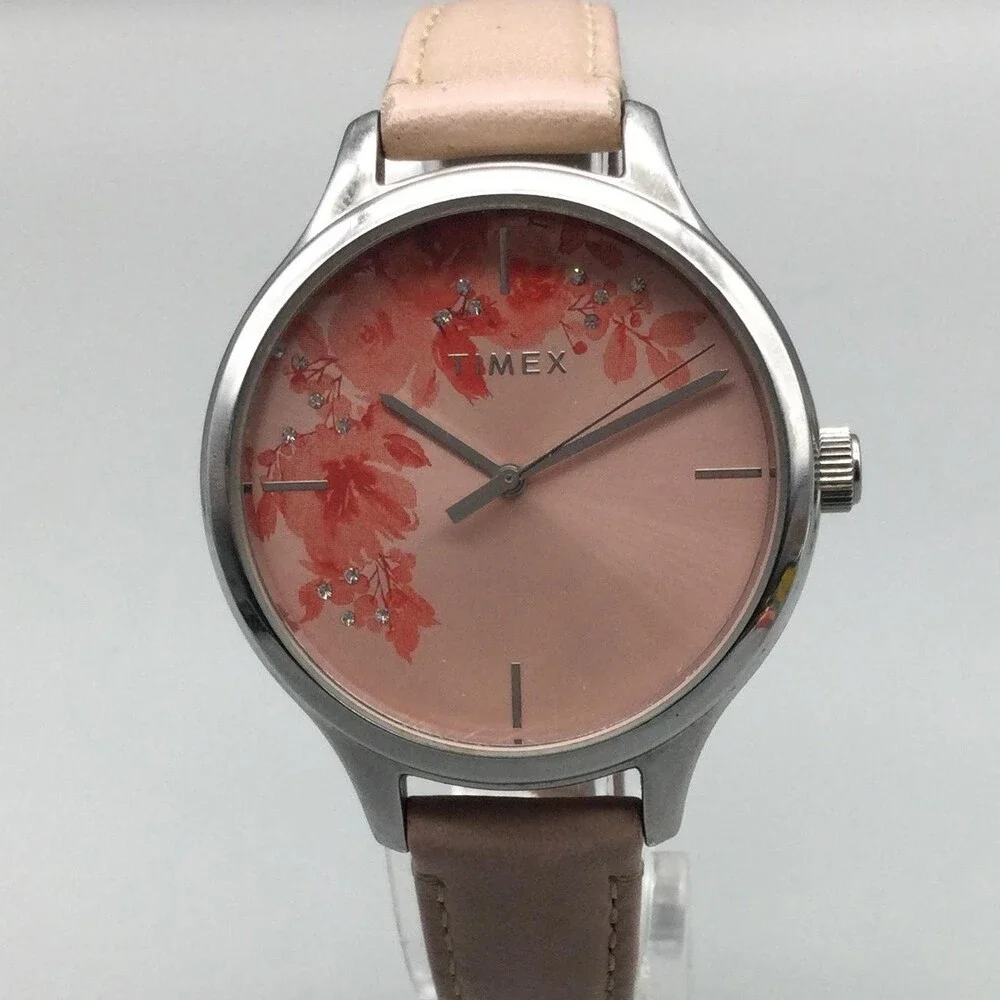 Timex Bloom Womens Analog Watch 36mm Pink Floral Dial Leather Strap New Battery
